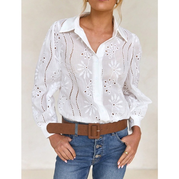 White Boho Eyelet Shirt, French Style Collar Button Front, Eyelet Embroidery - Picture 8 of 14